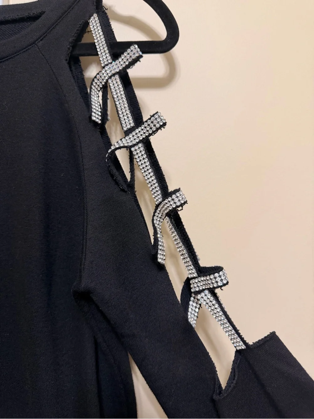 intro. Black Crewneck Sweater with Rhinestone Ladder Detail
